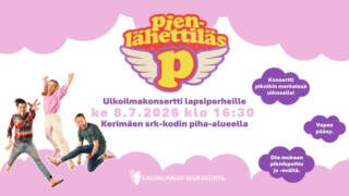 Iloinen mainoskuva pienlähettiläs -yhtyeen jäsenistä hyppäämässä ilmaan